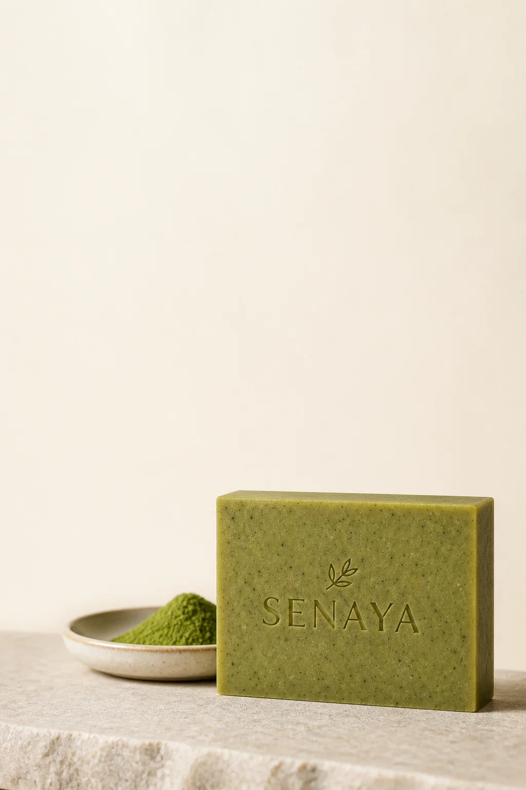 Immersive portrait product image for a compact popup, 2:3. Place the exact SENAYA matcha soap uprigh