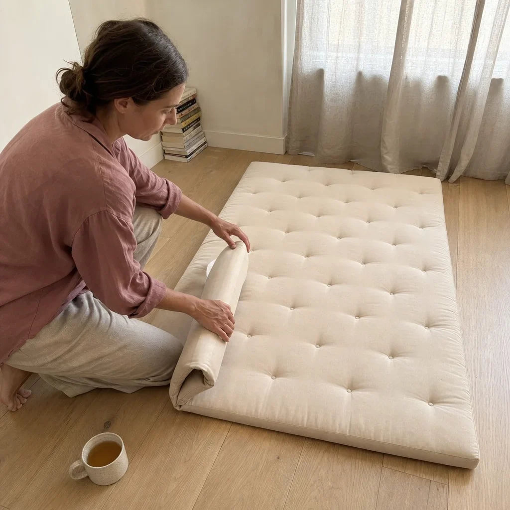 Matelas futon japonais HANA déplié dans un intérieur
